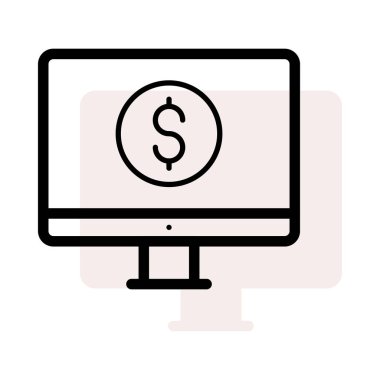 Anahat bilgisayar monitörü ile dolar sikke üzerinde beyaz arka plan bej gölge ile ekranda