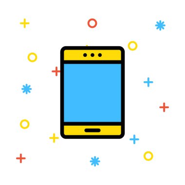 Sarı tablet cihaz ile renkli işaretleri beyaz zemin üzerine mavi perde