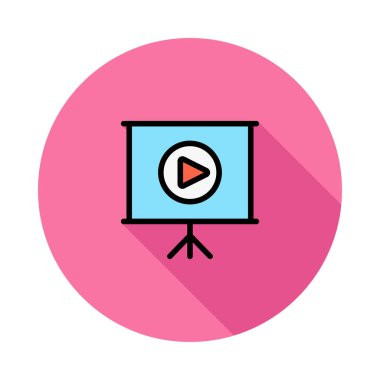 Beyaz arka plan üzerinde izole pembe daire içinde video sembolü oynama ile mavi tanıtım kurulu