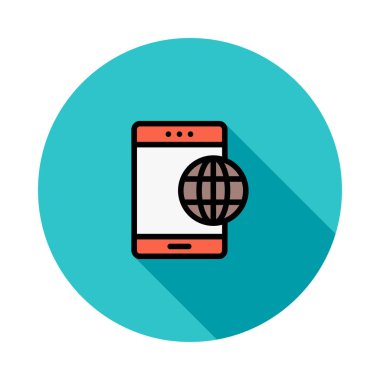 Mavi daire beyaz arka plan üzerinde izole kahverengi dünya küre ile kırmızı smartphone