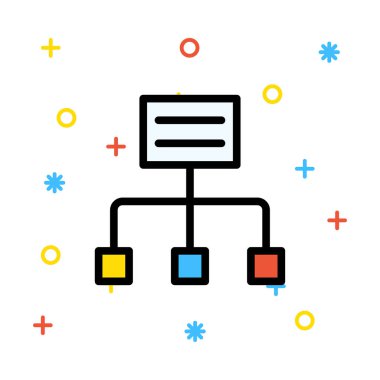 Rengarenk işaretiyle beyaz arka plan üzerinde nesnelere bağlı liste ile paylaşım kavramı