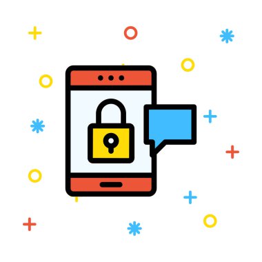 Tablet cihaz sarı kürek kilidi ve renkli işaretleri ile beyaz arka plan üzerinde mesaj ile