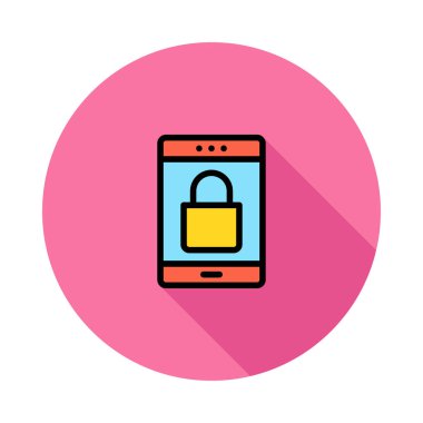 Kırmızı smartphone ile pembe daire beyaz arka plan üzerinde izole mavi ekranda sarı asma kilit