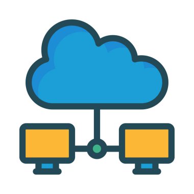 Beyaz arka plan üzerinde izole sarı bilgisayar monitörü bağlama ile mavi bulut