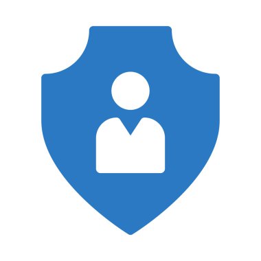 mavi beyaz arka plan üzerinde izole beyaz kişi simgesi olan kalkan koruma