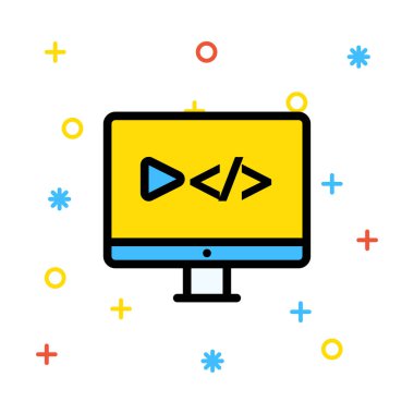 Renkli işaretleri beyaz zemin üzerine sarı ekran video ve okları etiketinde izlerken bilgisayar monitörü