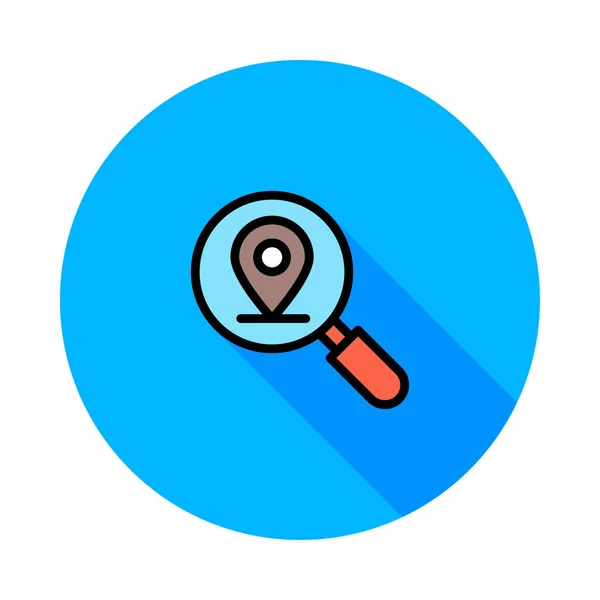 青い円が白い背景で隔離の場所地図記号がカラフルな虫眼鏡 — ストックベクタ