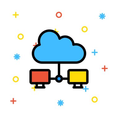 Mavi bulut bağlı bilgisayar ekranlarında renkli işaretleri ile beyaz arka plan ile