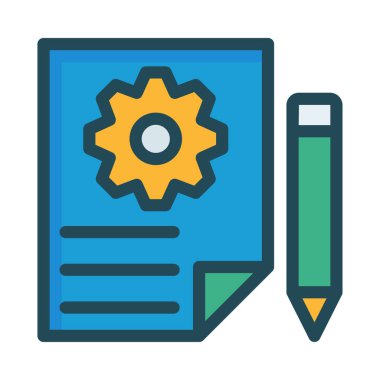 Sarı Dişli ve beyaz arka plan üzerinde izole yeşil kalem mavi belge