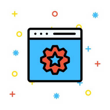 Tablet cihaz ile mavi perde ve renkli işaretleri ile beyaz arka plan üzerinde dişli