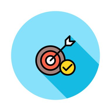 Renkli hedef ile ok ve mavi daire beyaz arka plan üzerinde izole işareti onaylamak