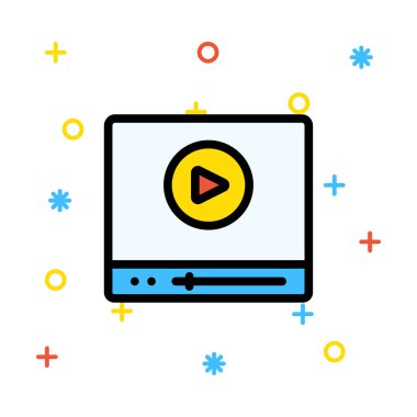 Rengarenk işaretiyle beyaz arka plan üzerinde video sembolü izlerken tablet cihaz