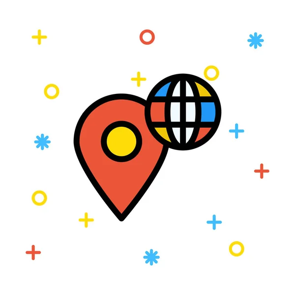 红色位置地图符号与地球地球仪在白色背景与五颜六色的标志 — 图库矢量图片