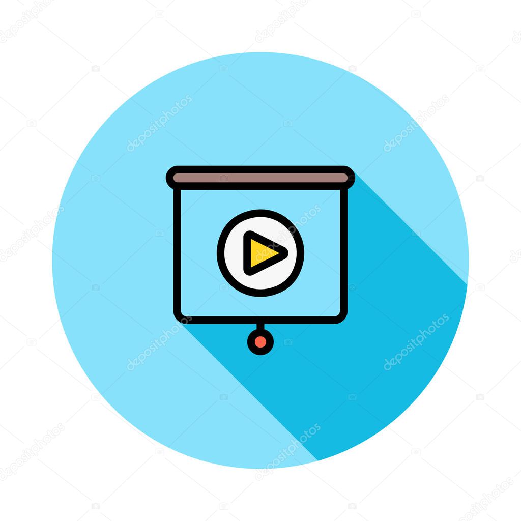 Blue paper scroll with watching video button in blue circle isolated on white background