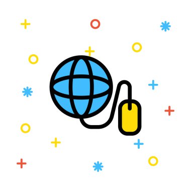 Sarı fare renkli işaretleri beyaz zemin üzerine mavi gezegen bağlı