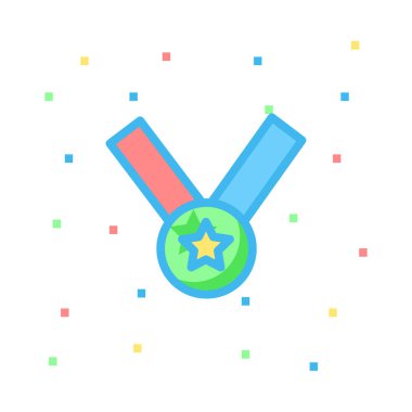 Yeşil sarı yıldız ile madalya ve renkli noktalar beyaz zemin üzerine pembe ve mavi şeritler