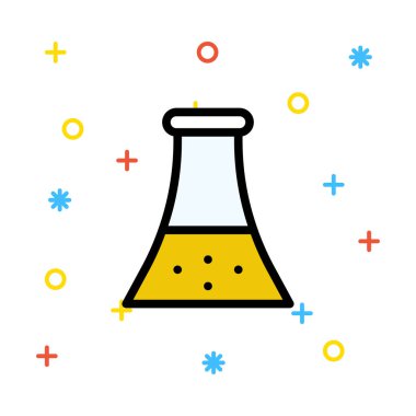 Renkli işaretleri beyaz zemin üzerine sarı sıvı ile büyük şişesi