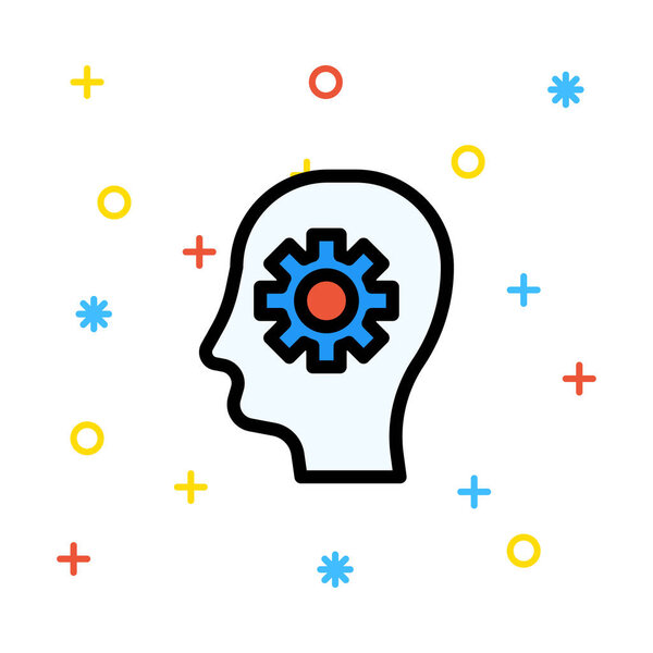 Голова человека с шестернями на белом фоне с красочными знаками
