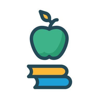 Beyaz arka plan üzerinde izole sarı ve mavi kitap ile yeşil elma