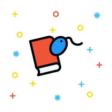 Renkli işaretleri beyaz zemin üzerine mavi fare ile kırmızı kitap