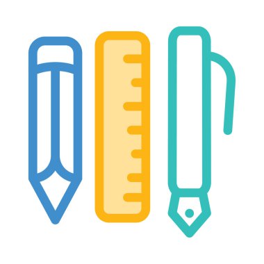 Mavi, sarı ve yeşil hat kalem, cetvel ve beyaz arka plan üzerinde izole kalem