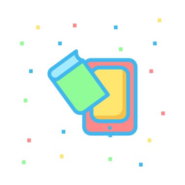 Renkli noktalar beyaz zemin üzerine sarı ve pembe dijital tablet ile yeşil ve mavi kitap