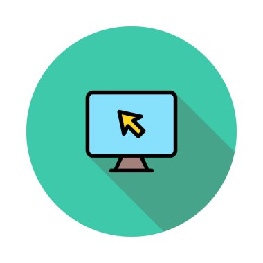 Sarı imleç yeşil daire beyaz arka plan üzerinde izole kahverengi ve mavi bilgisayar monitörü