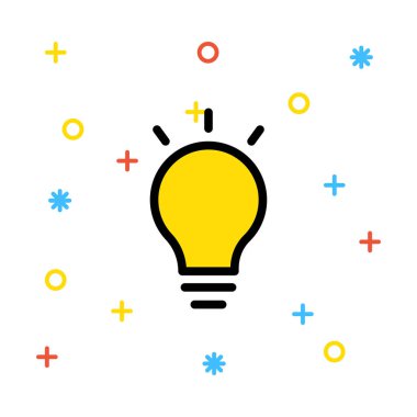 Renkli işaretleri beyaz zemin üzerine sarı parlayan lamba ampul