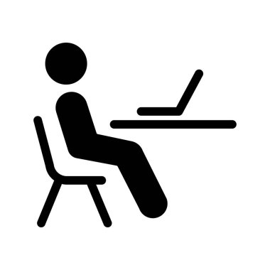 Siyah kişi beyaz arka plan üzerinde izole masa sandalye üzerinde oturan dizüstü bilgisayar ile çalışma