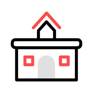 Beyaz arka plan üzerinde izole kırmızı, gri ve siyah renklerde bina