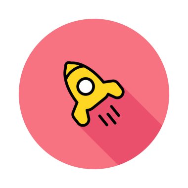 Pembe daire beyaz arka plan üzerinde izole sarı uçan roket