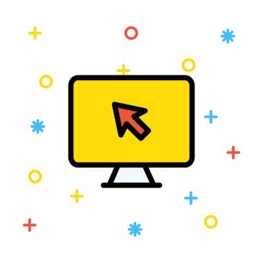 Sarı bilgisayar monitörü ile renkli işaretleri beyaz zemin üzerine kırmızı lanet