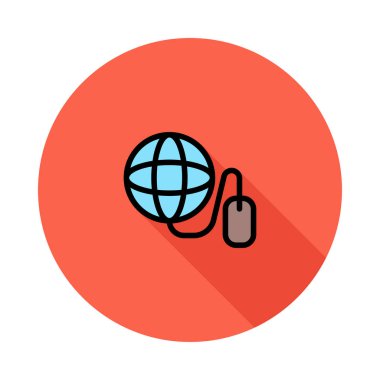 Beyaz arka plan üzerinde izole kırmızı daire içinde kahverengi bağlanan fare ile mavi gezegen