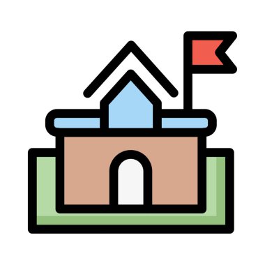 Kırmızı bayrak ve yeşil çim beyaz arka plan üzerinde izole kahverengi ve mavi bina