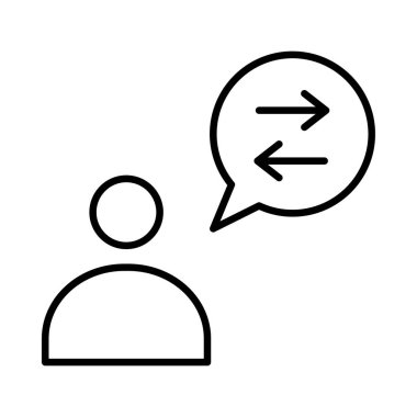 Konuşma balonu ve beyaz arka plan üzerinde izole okları ile ince çizgi kişi simgesi