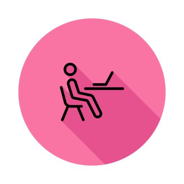 Beyaz arka plan üzerinde izole pembe daire içinde laptop ile masa başında oturan kişi ile basit simgesi