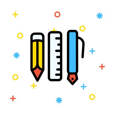 Kalem, cetvel ve renkli işaretleri beyaz zemin üzerine kalem