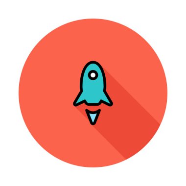 Beyaz arka plan üzerinde izole kırmızı daire basit mavi uçan roket