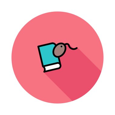 Mavi kitap pembe daire beyaz arka plan üzerinde izole kahverengi fare ile