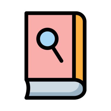 Mavi beyaz arka plan üzerinde izole büyüteç ile pembe, turuncu ve gri kitap