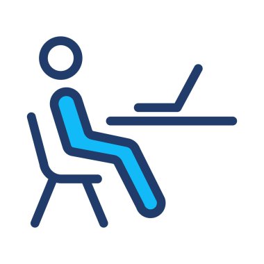 Beyaz arka plan üzerinde izole masa sandalye üzerinde oturan dizüstü bilgisayar ile çalışan mavi kişi