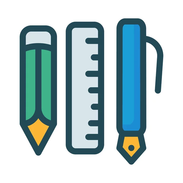 Groene Potlood Grijze Liniaal Blauwe Pen Geïsoleerd Witte Achtergrond — Stockvector