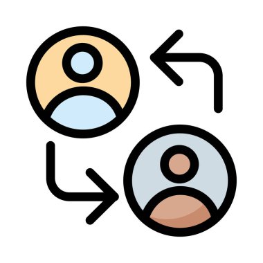 Beyaz arka plan üzerinde izole oklarla turuncu, mavi, kahverengi ve gri insanlar simgeler