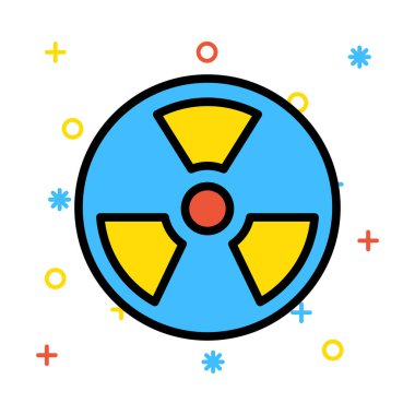 Beyaz arka plan üzerinde renkli semboller ile radyoaktif sembol olan daire