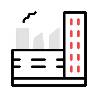 Beyaz arka plan üzerinde izole kırmızı, gri ve siyah renklerde basit fabrika