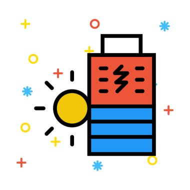 Renkli semboller beyaz zemin üzerine kırmızı ve mavi batarya ile sarı güneş