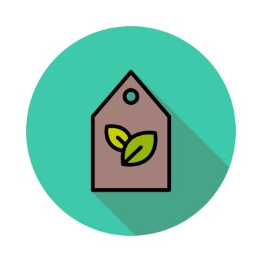 Beyaz arka plan üzerinde daire içinde yapraklarla kahverengi etiketi