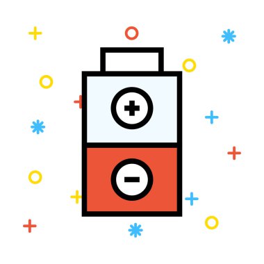 Renkli semboller beyaz zemin üzerine kırmızı ve beyaz pil ile artı ve eksi işaretleri