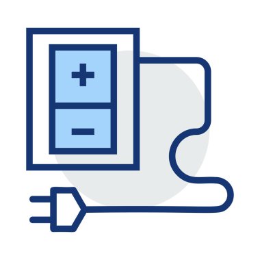 Artı ve eksi sembolleri, satır soket ve beyaz arka plan üzerinde izole gri ve mavi renklerde takın