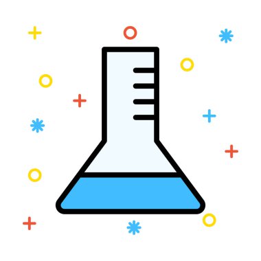 renkli semboller beyaz zemin üzerine mavi sıvı ile üçgen şişesi